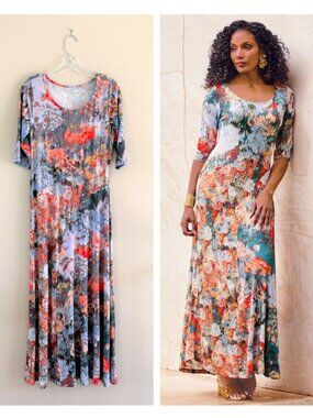 Soft Surroundings Boho Petite Nanette Stretch Jersey Knit Floral Maxi Dress